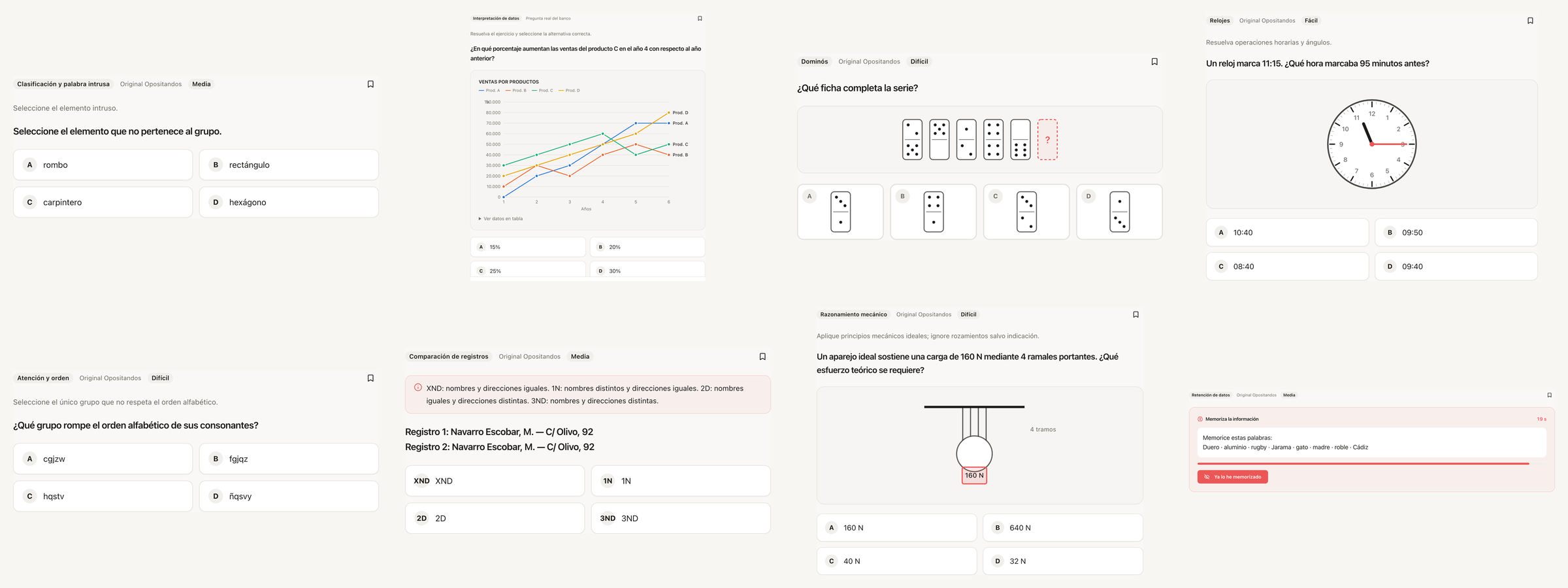 Opositandos: mosaico con un ejercicio real de cada bloque (recortes de capturas)