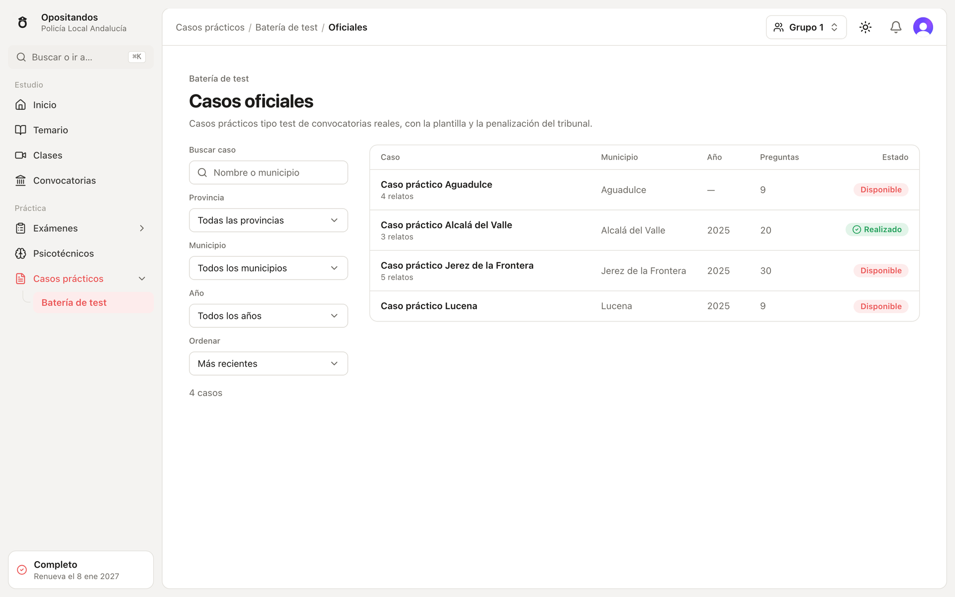 Opositandos: filtros por provincia, municipio y año