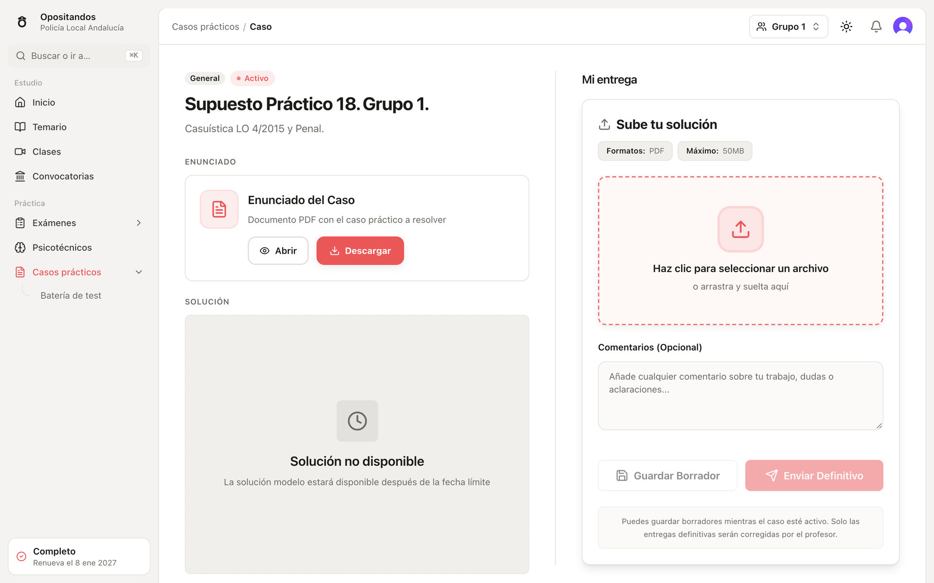 Opositandos: supuesto de desarrollo: enunciado, entrega y corrección