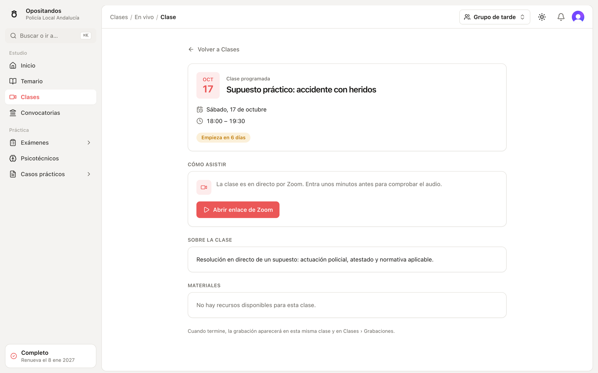 Opositandos: detalle de clase programada con enlace