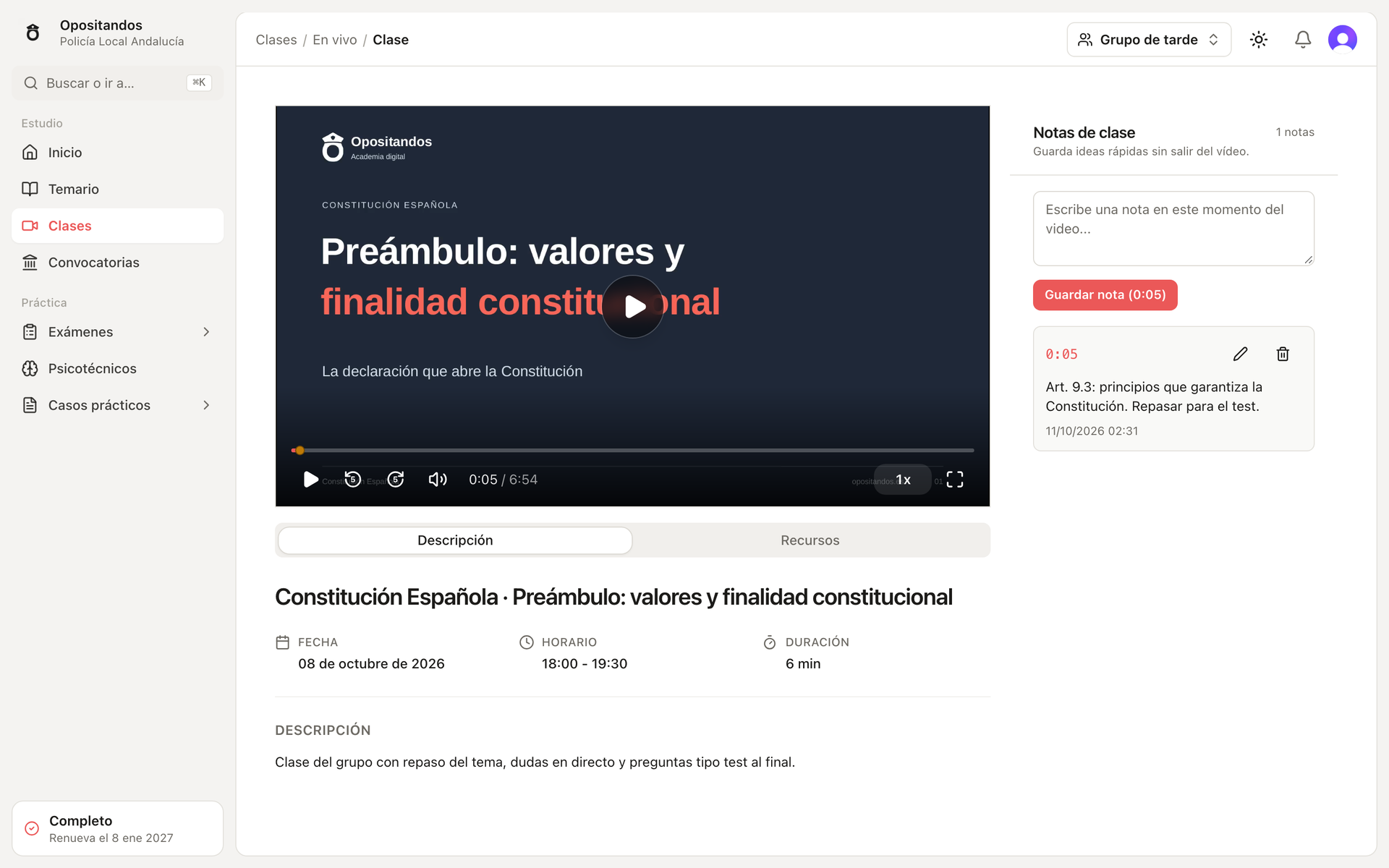 Opositandos: clase grabada con recursos y notas