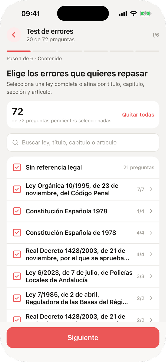 Opositandos: test de errores en la app