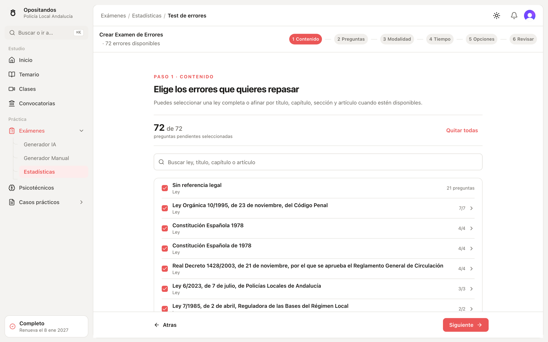 Opositandos: lista de errores pendientes