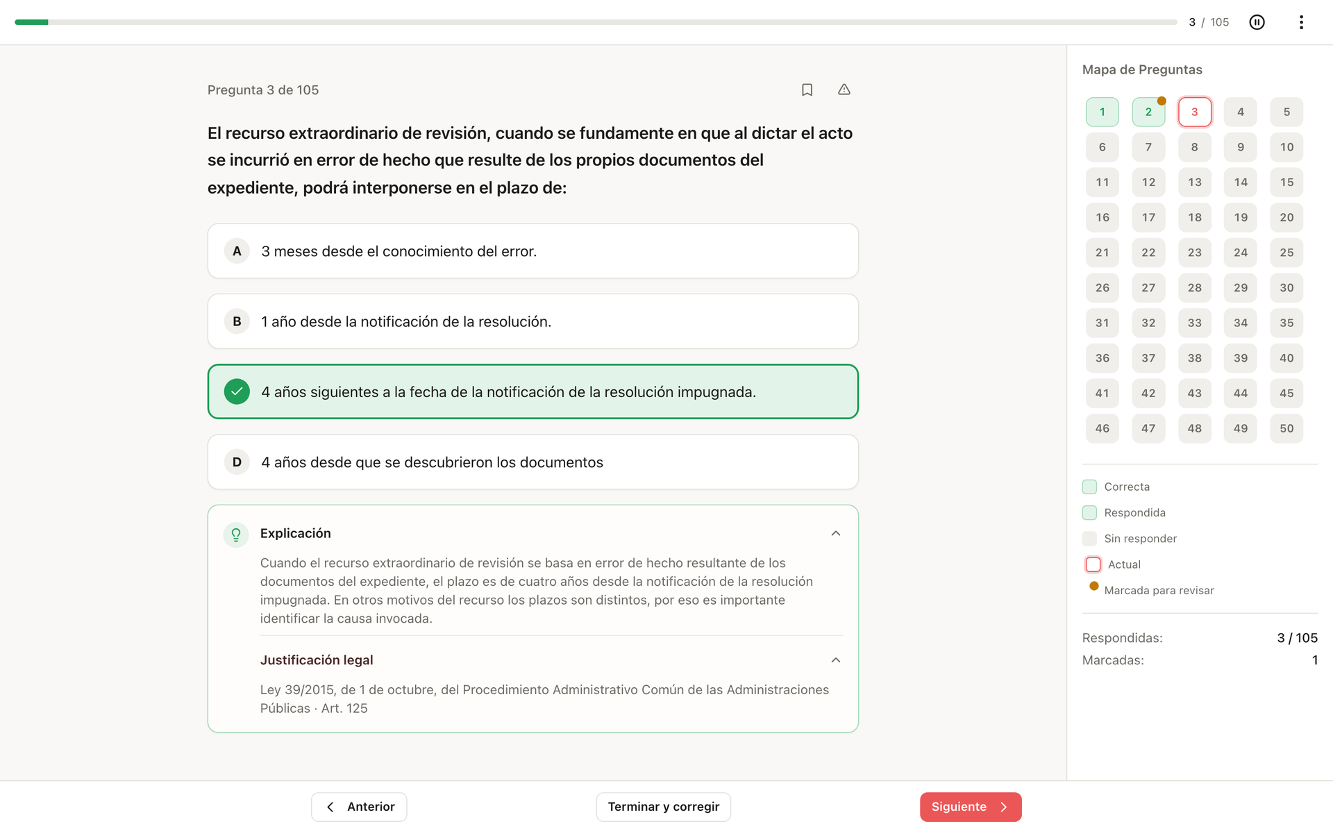 Opositandos: pregunta respondida en modo práctica con explicación y referencia legal