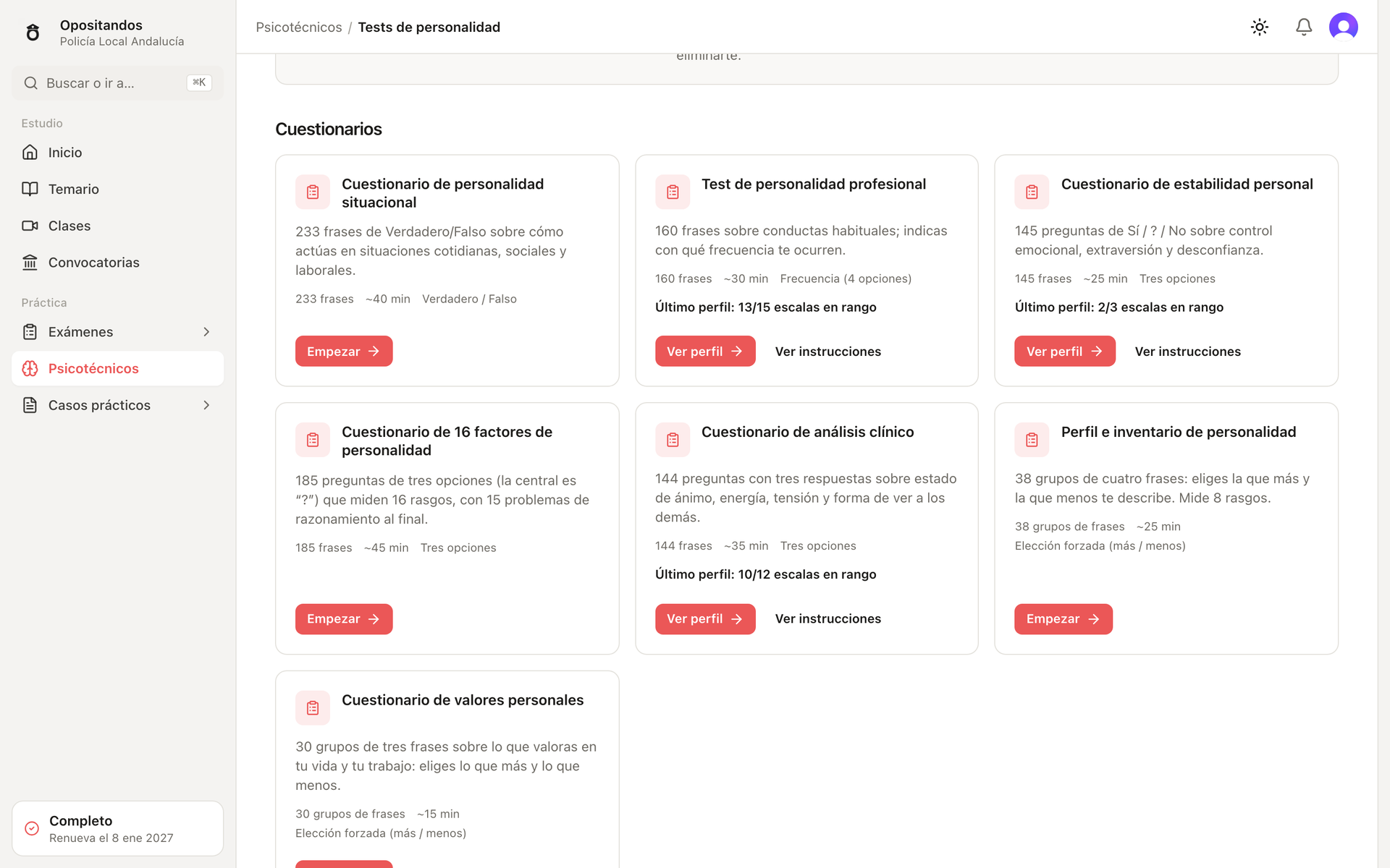 Opositandos: lista de cuestionarios