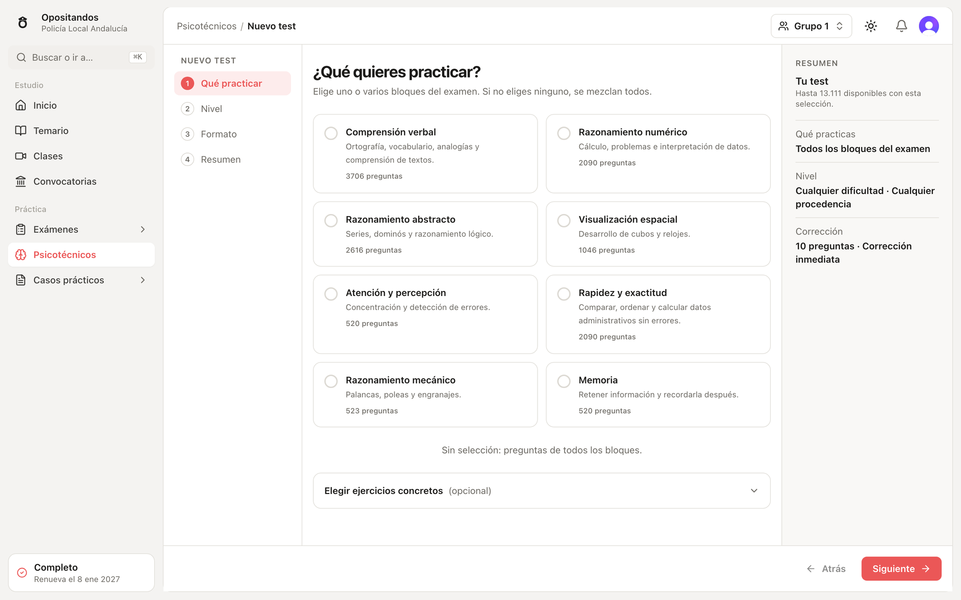 Opositandos: configurador (bloques, nivel, formato)