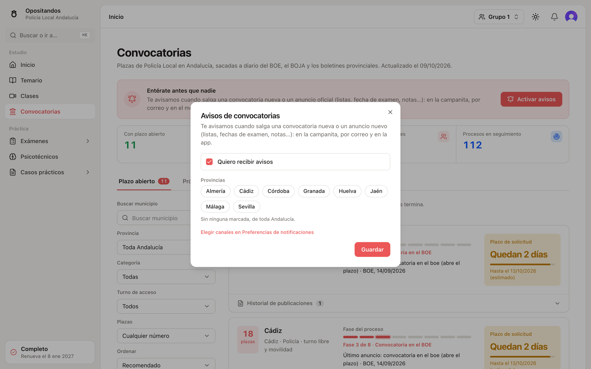 Opositandos: control de alertas