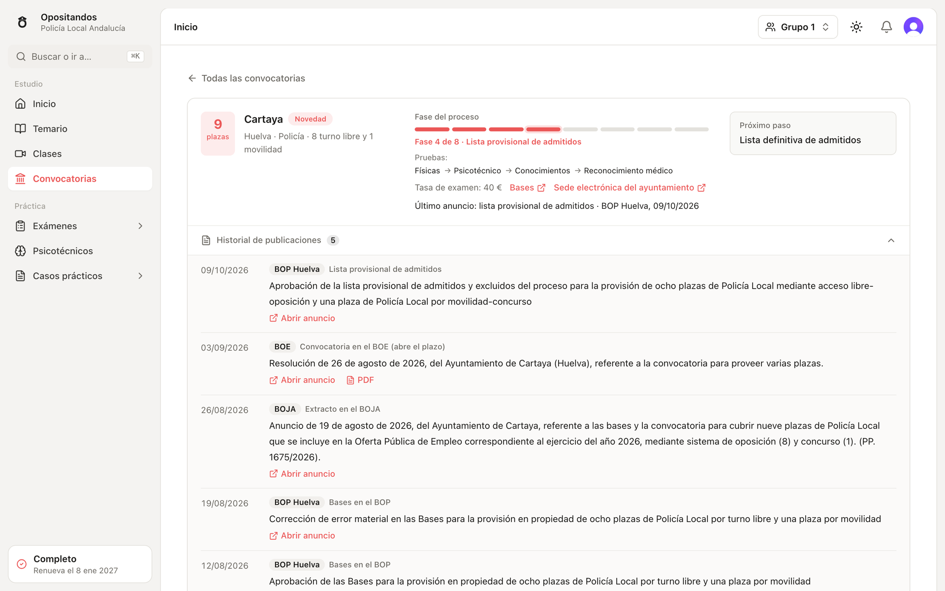 Opositandos: detalle de una convocatoria