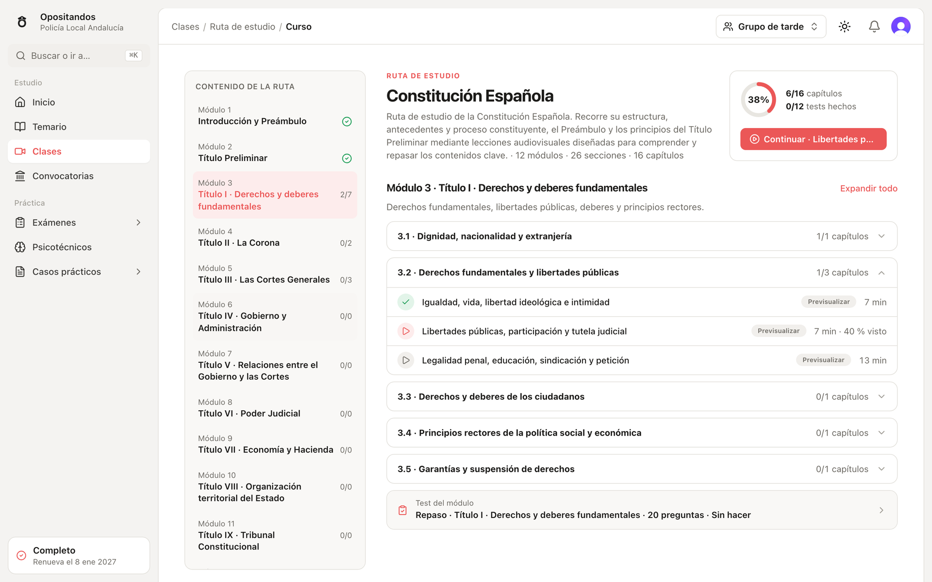 Opositandos: índice de módulos con progreso