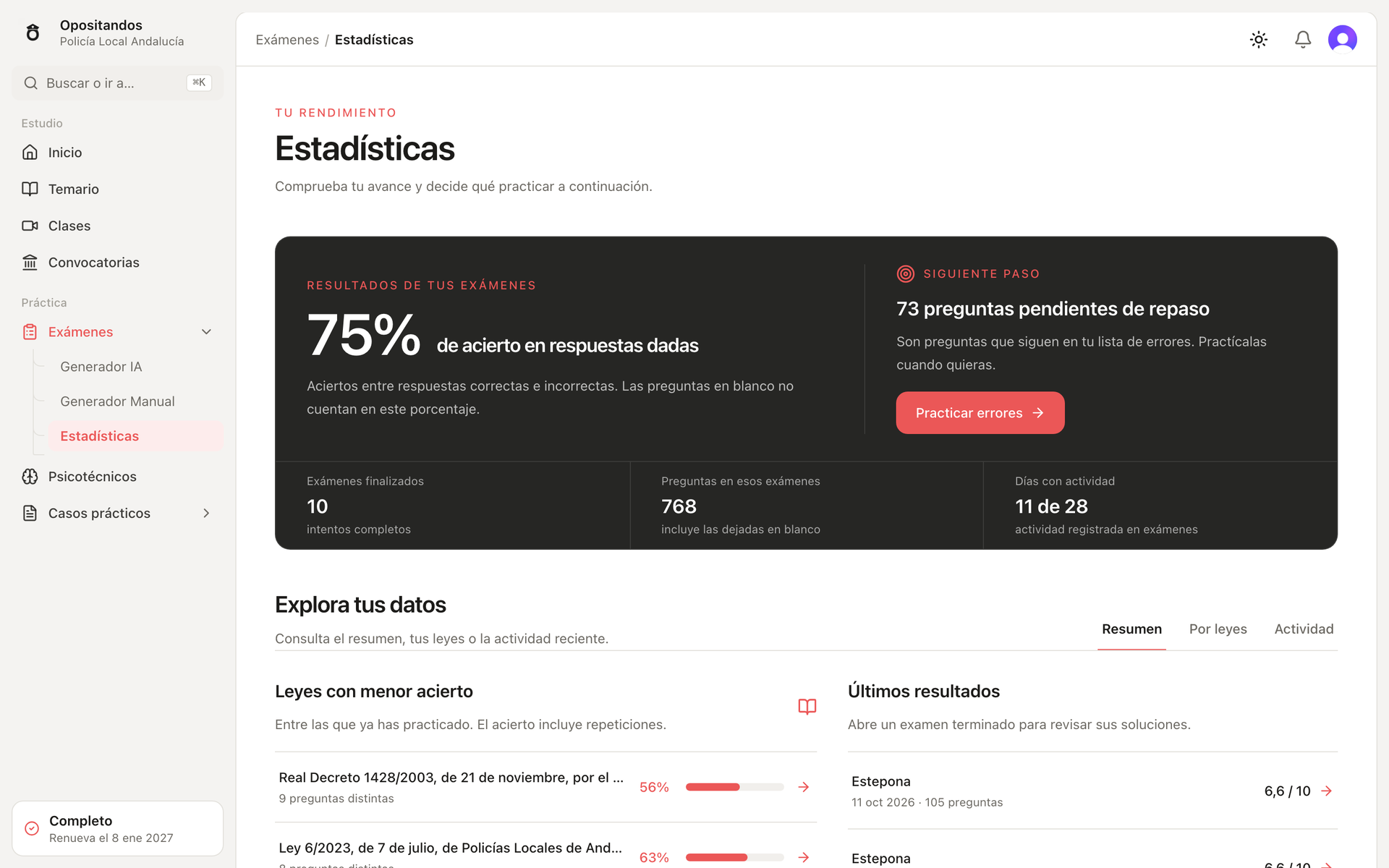Opositandos: hero de estadísticas (acierto, exámenes, días, siguiente paso)